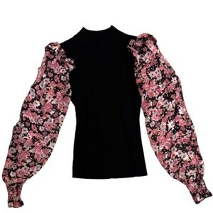 Absolutely Famous Black Top with Pink Floral Sleeves